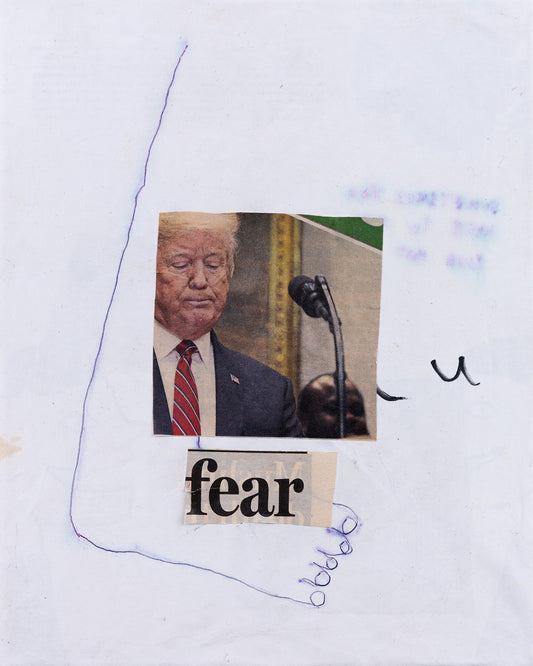 "fear" (2020) — pen, sharpie and collage on canvas