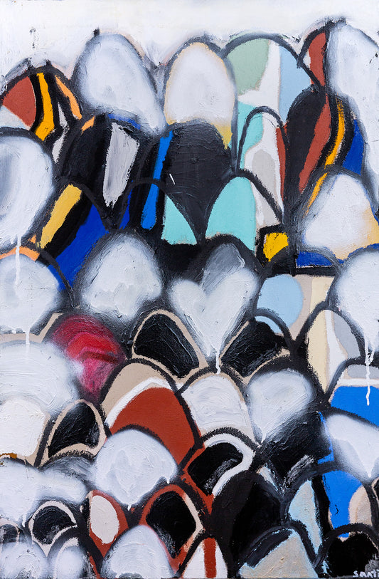 "a crowd without faces" (2025) — oil stick and spray paint on raw canvas