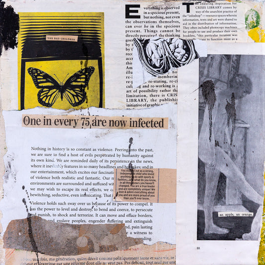one in every seventy-five (an apple, an orange) (2025) — mixed media collage on canvas