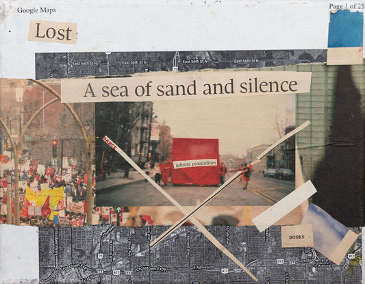 "a sea of sand and silence" — collage on canvas, 2019