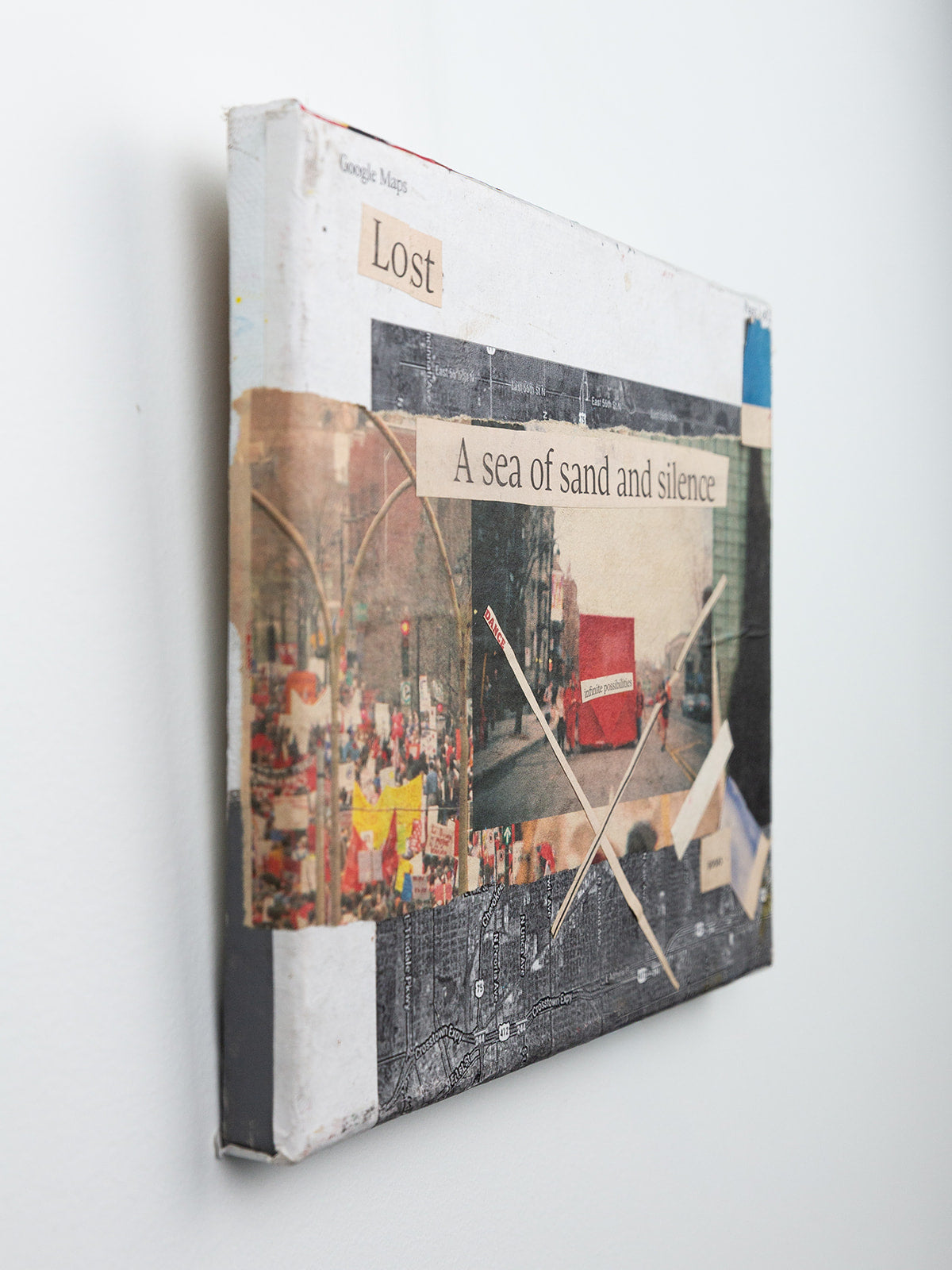 "a sea of sand and silence" — collage on canvas, 2019