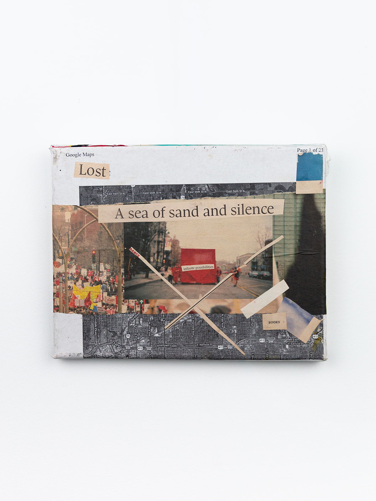 "a sea of sand and silence" — collage on canvas, 2019