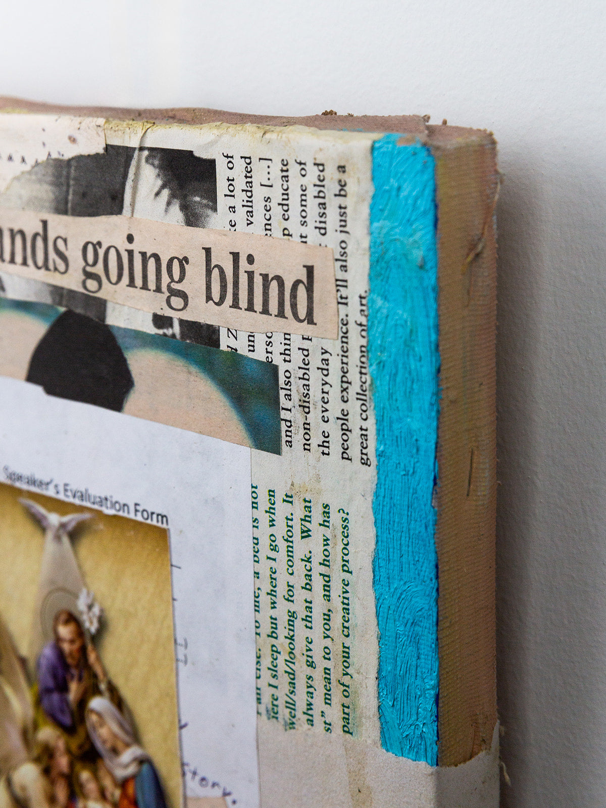 "thousands going blind" (2025) — collage on canvas