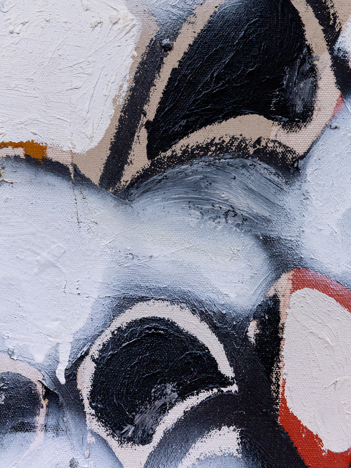"a crowd without faces" (2025) — oil stick and spray paint on raw canvas