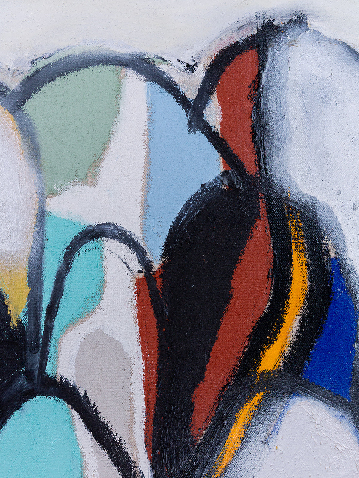 "a crowd without faces" (2025) — oil stick and spray paint on raw canvas