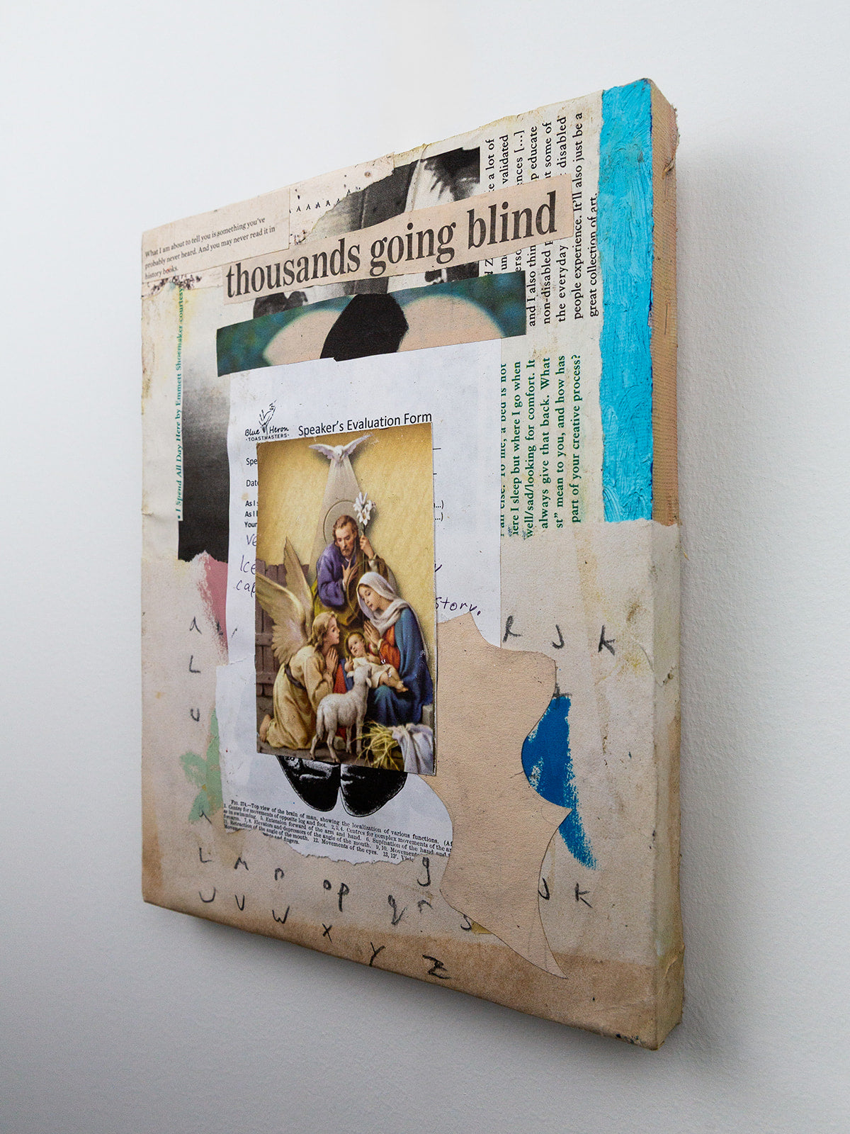 "thousands going blind" (2025) — collage on canvas