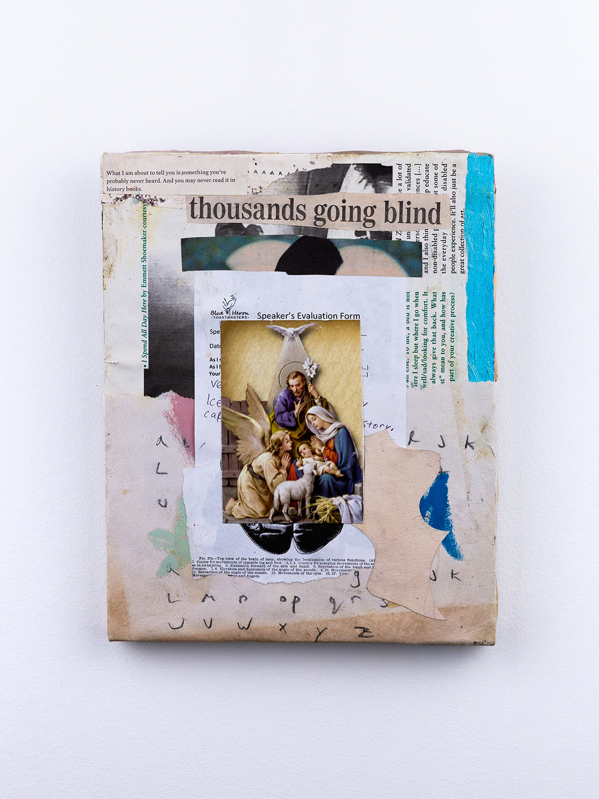 "thousands going blind" (2025) — collage on canvas