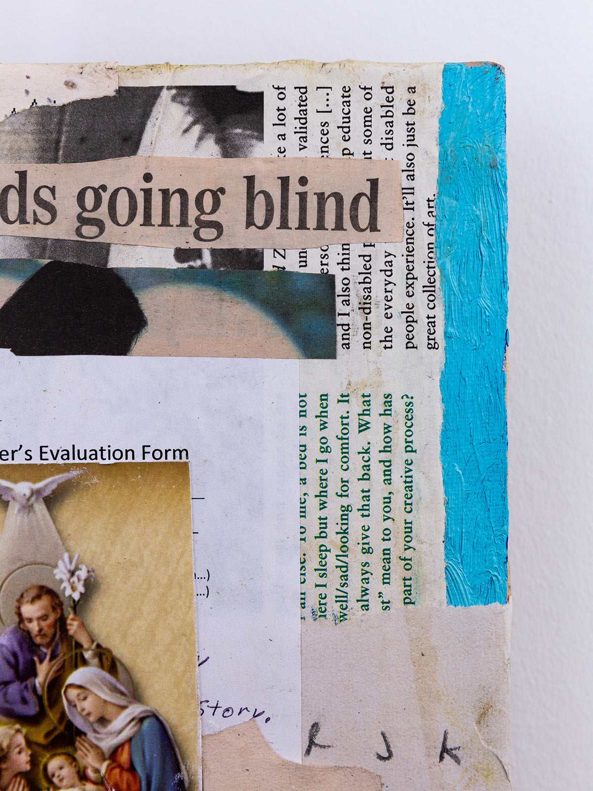 "thousands going blind" (2025) — collage on canvas