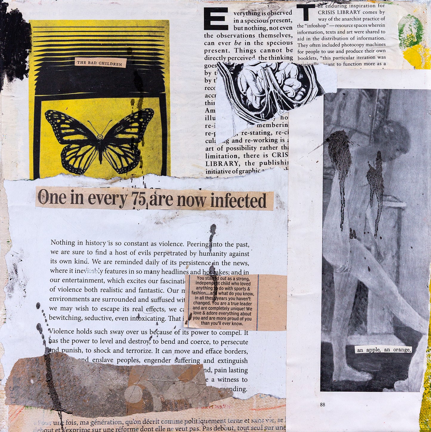 one in every seventy-five (an apple, an orange) (2025) — mixed media collage on canvas