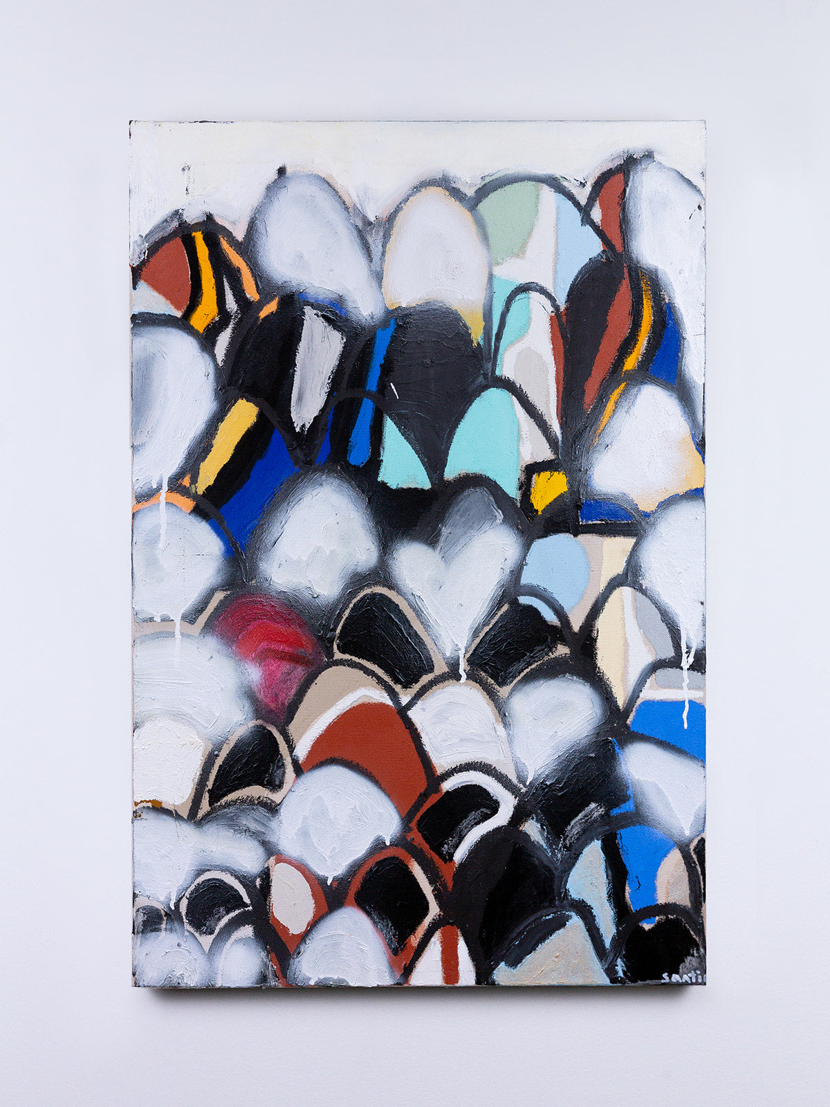 "a crowd without faces" (2025) — oil stick and spray paint on raw canvas