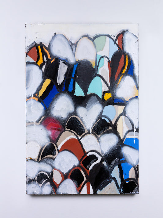 "a crowd without faces" (2025) — oil stick and spray paint on raw canvas