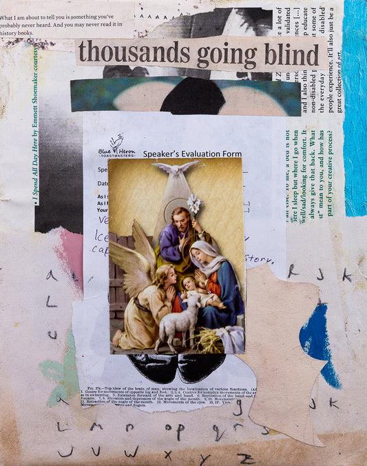 "thousands going blind" (2025) — collage on canvas