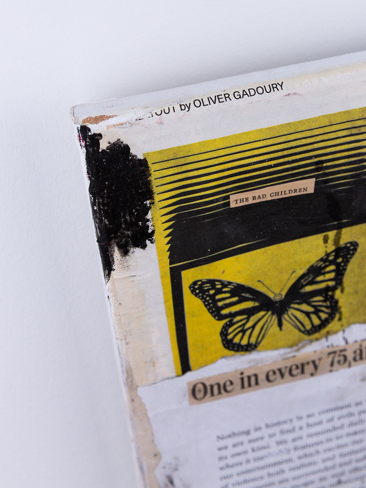 one in every seventy-five (an apple, an orange) (2025) — mixed media collage on canvas