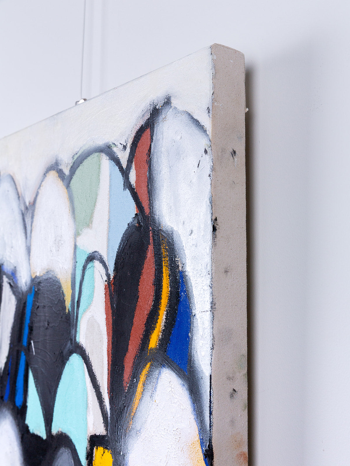 "a crowd without faces" (2025) — oil stick and spray paint on raw canvas