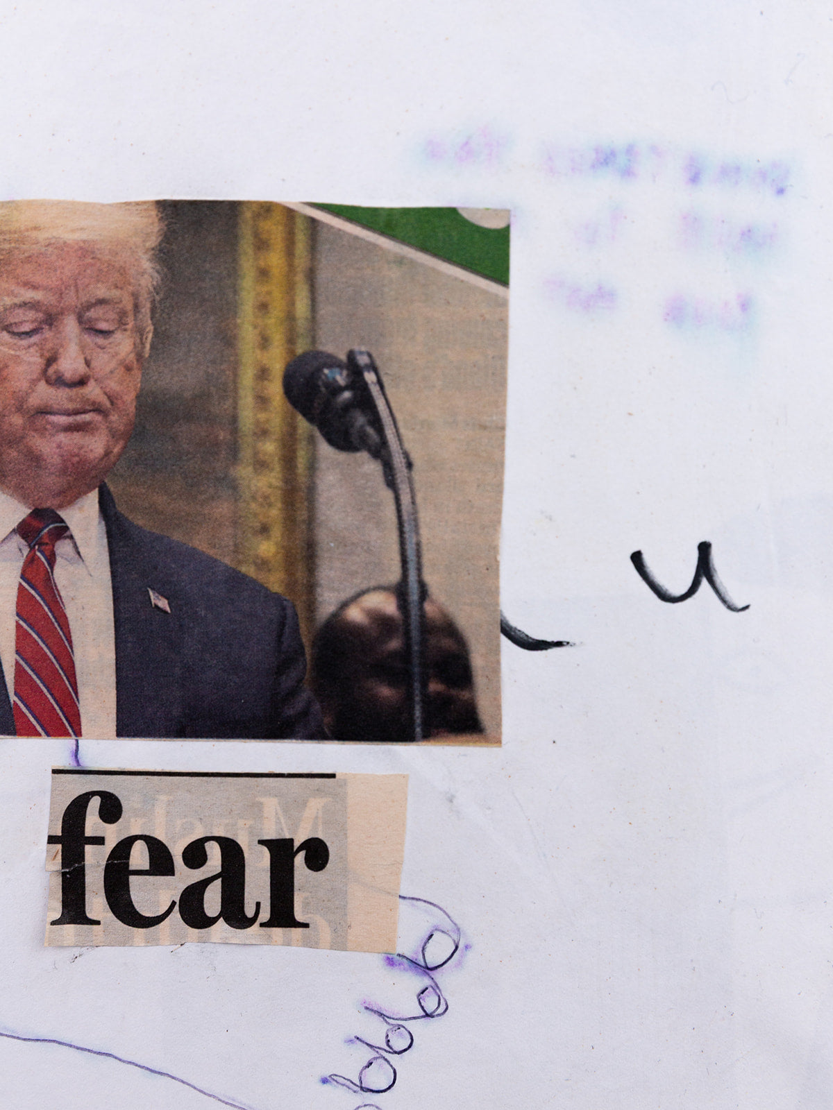 "fear" (2020) — pen, sharpie and collage on canvas